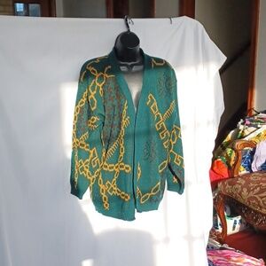 Vtg Bright Lights Knit Cardigan Sweater, Green, Gold Metalic, sZL, 23" PTP 28"L